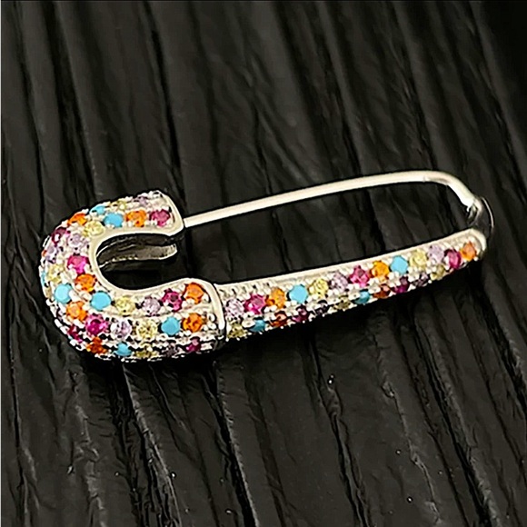 Silver Multicolor Rhinestone Safety-pin Earring, Minimalist, Punk - Picture 3 of 5